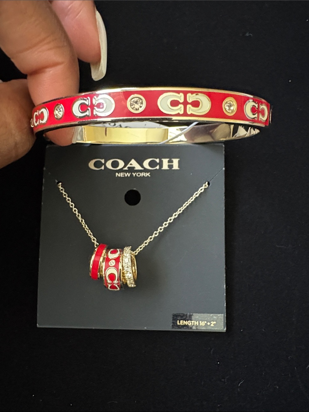 Coach Red and Gold Enamel Signature Bangle with matching Pendant Necklace